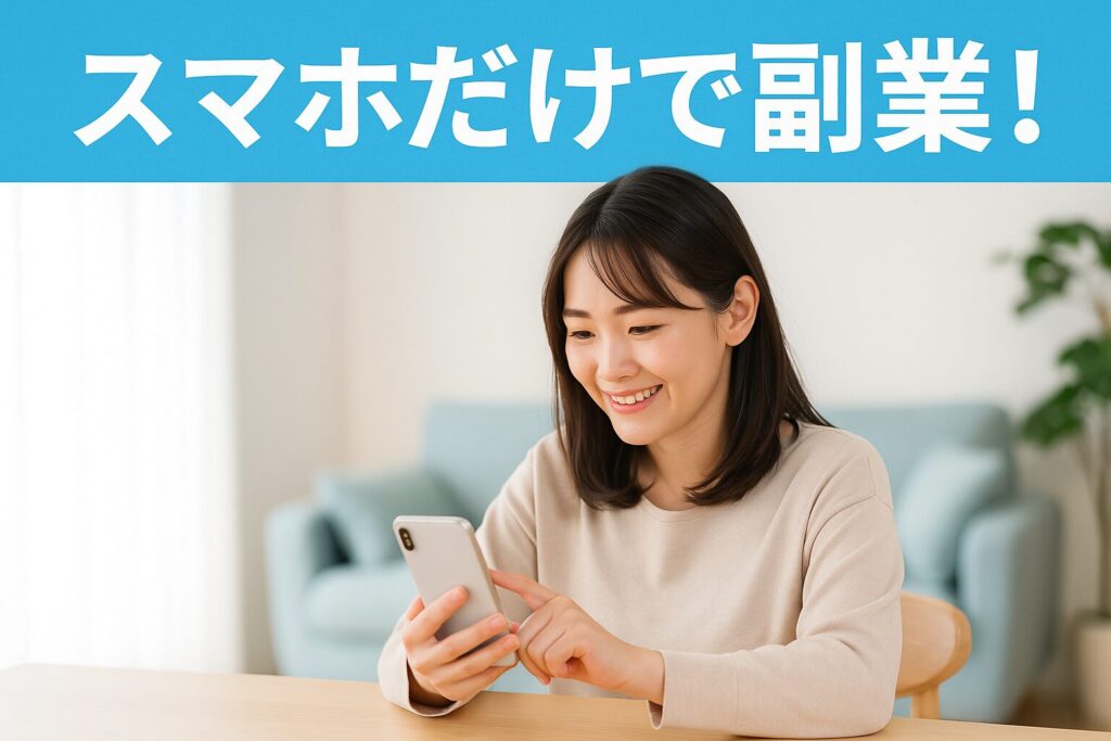 主婦がスマホだけで在宅副業をする様子をイメージした実写アイキャッチ画像。明るい部屋で笑顔の女性がスマートフォンを操作している。